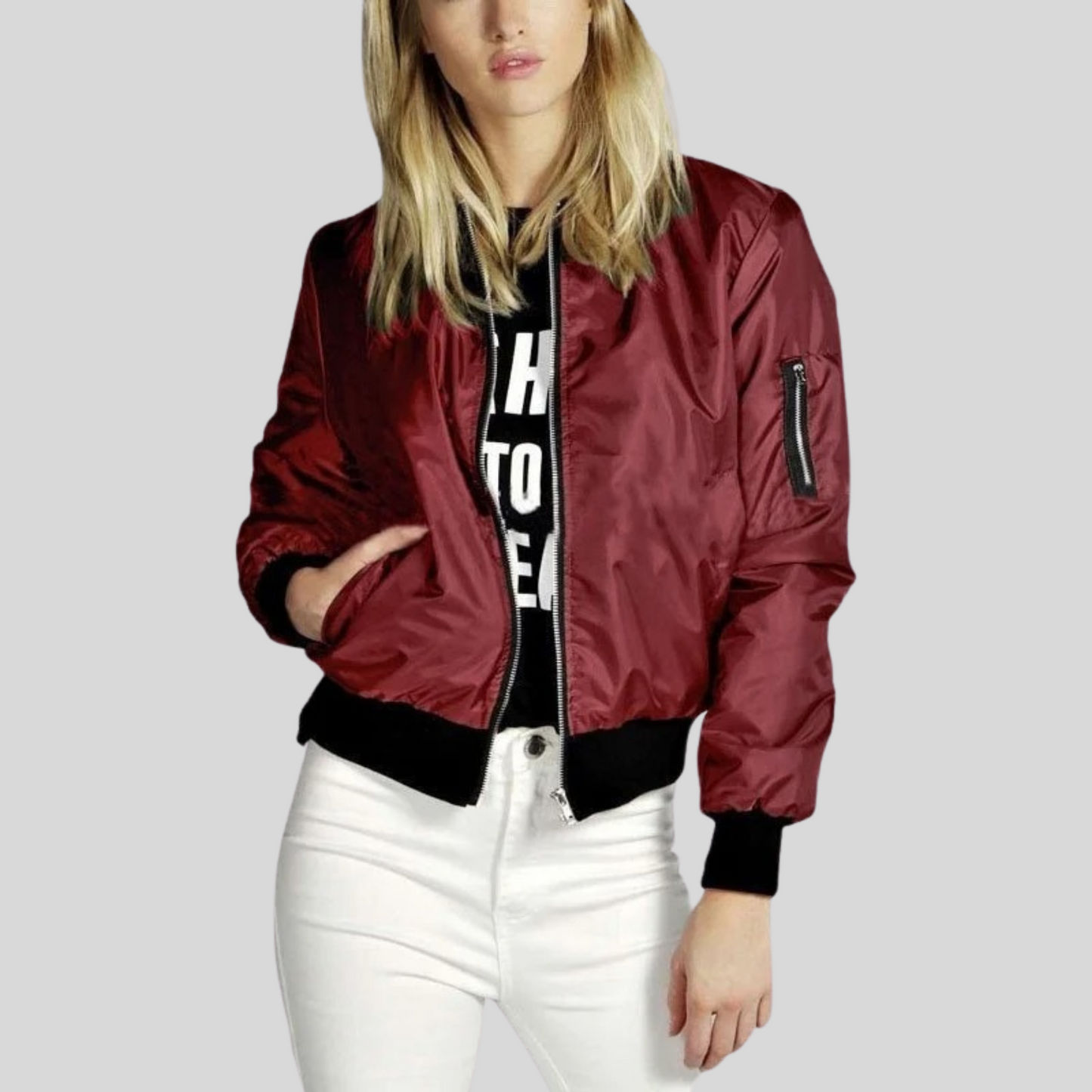 Cazadora Bomber Mujer Efecto Cuero Ajuste Clasico