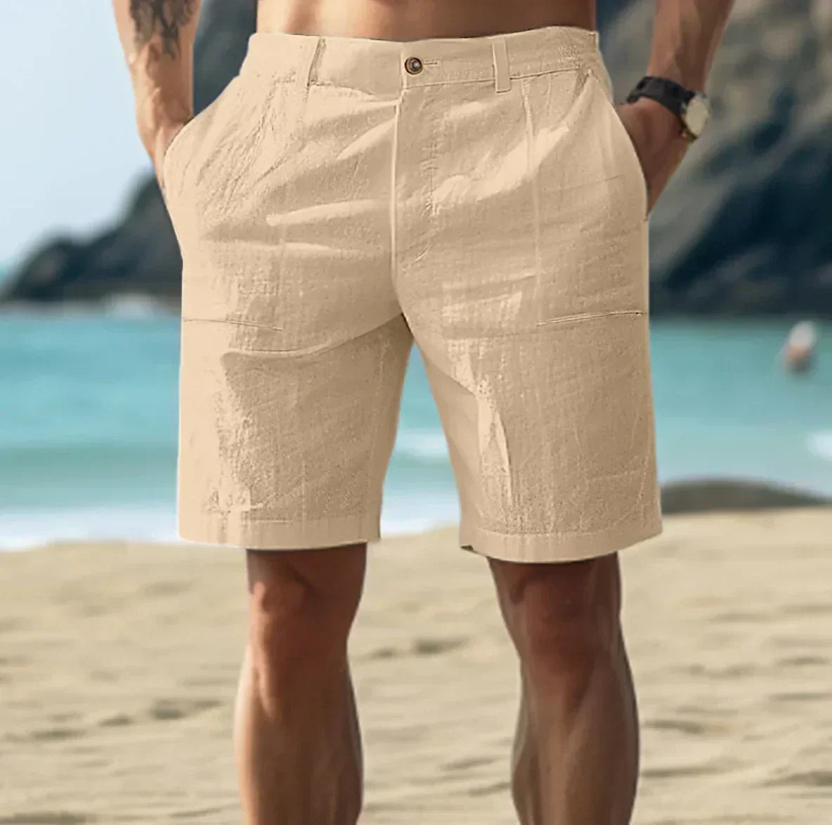 Pantalones Cortos Hombre de Lino Cintura Elástica con Bolsillos