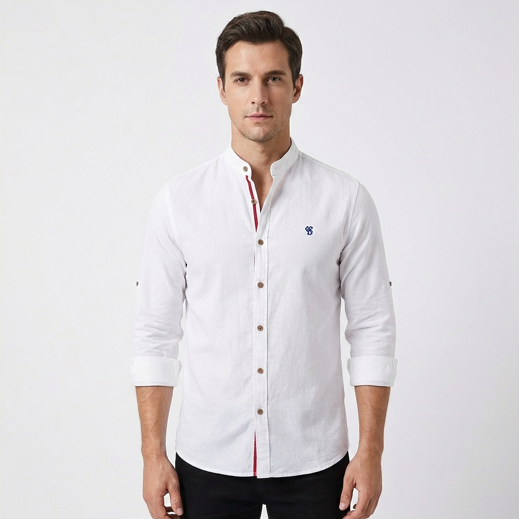 Camisa Hombre Algodón Cuello Mao Botones Contraste
