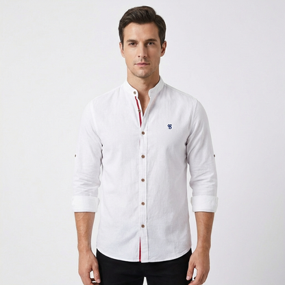 Camisa Hombre Algodón Cuello Mao Botones Contraste