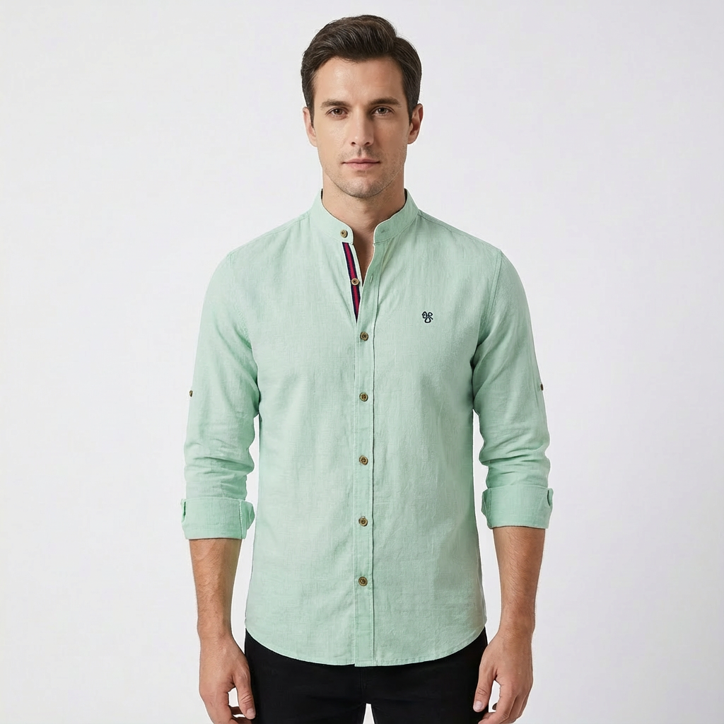 Camisa Hombre Algodón Cuello Mao Botones Contraste