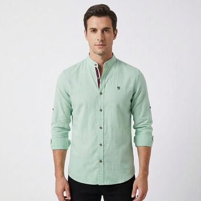 Camisa Hombre Algodón Cuello Mao Botones Contraste