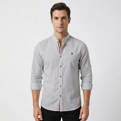 Camisa Hombre Algodón Cuello Mao Botones Contraste