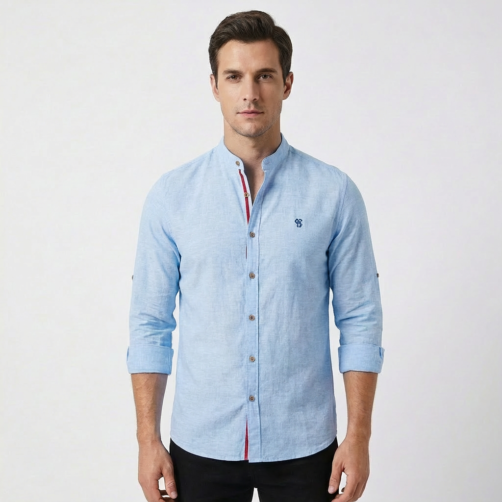Camisa Hombre Algodón Cuello Mao Botones Contraste