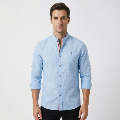 Camisa Hombre Algodón Cuello Mao Botones Contraste
