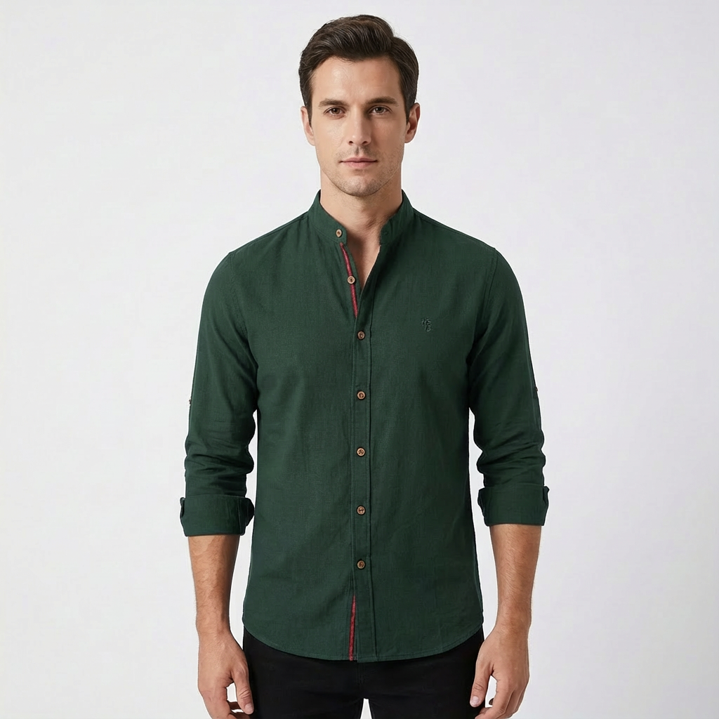 Camisa Hombre Algodón Cuello Mao Botones Contraste