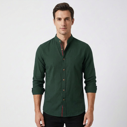 Camisa Hombre Algodón Cuello Mao Botones Contraste