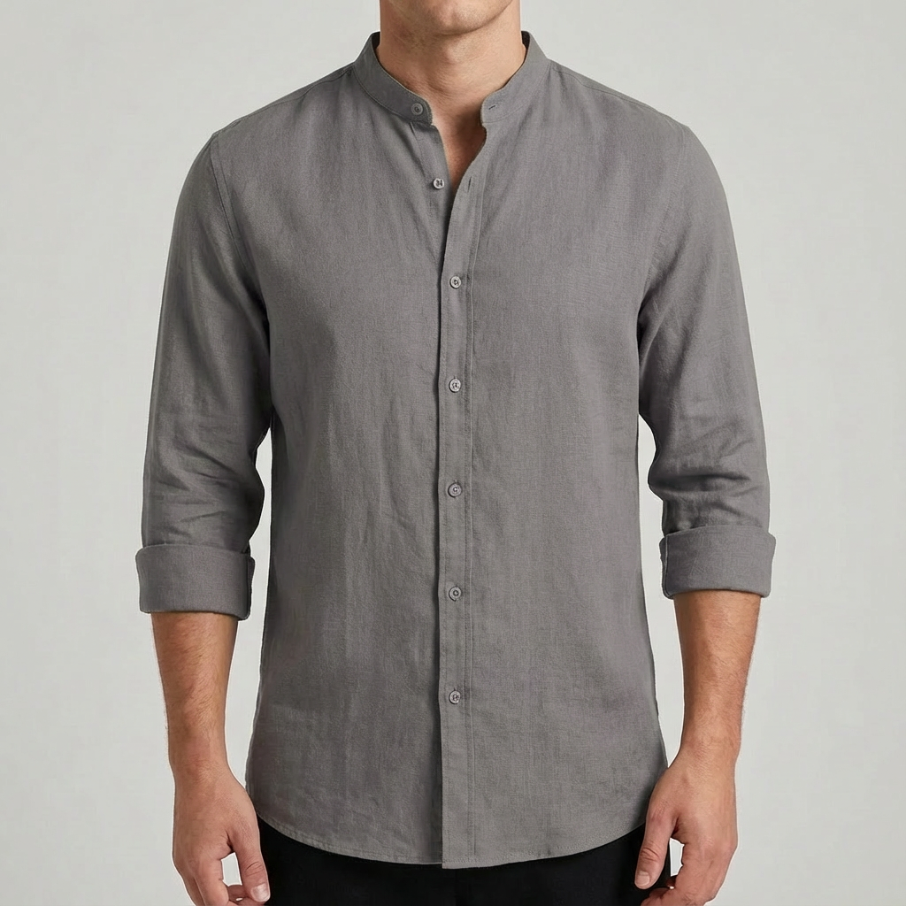 Camisa Hombre Algodón Cuello Mao Manga Enrollada Casual