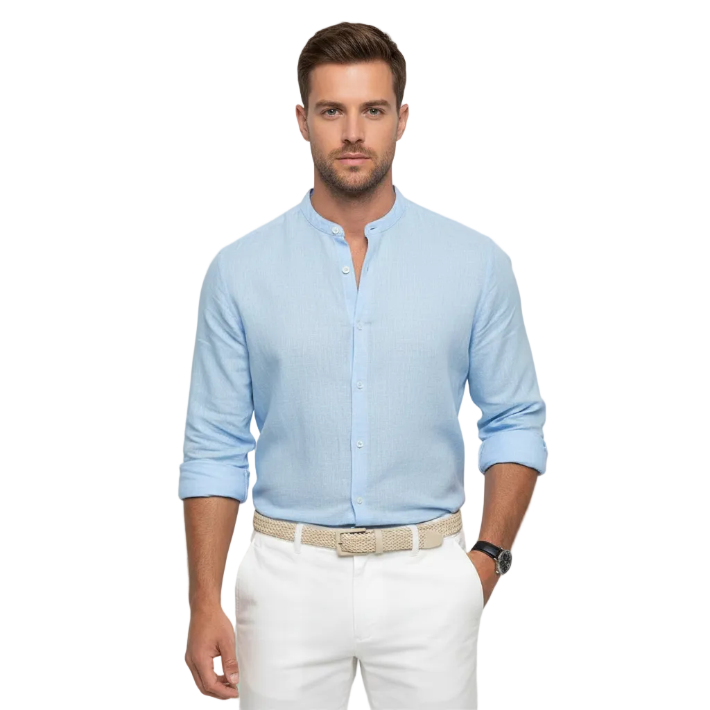 Camisa Hombre Algodón Cuello Mao Manga Enrollada Casual - Mavetta