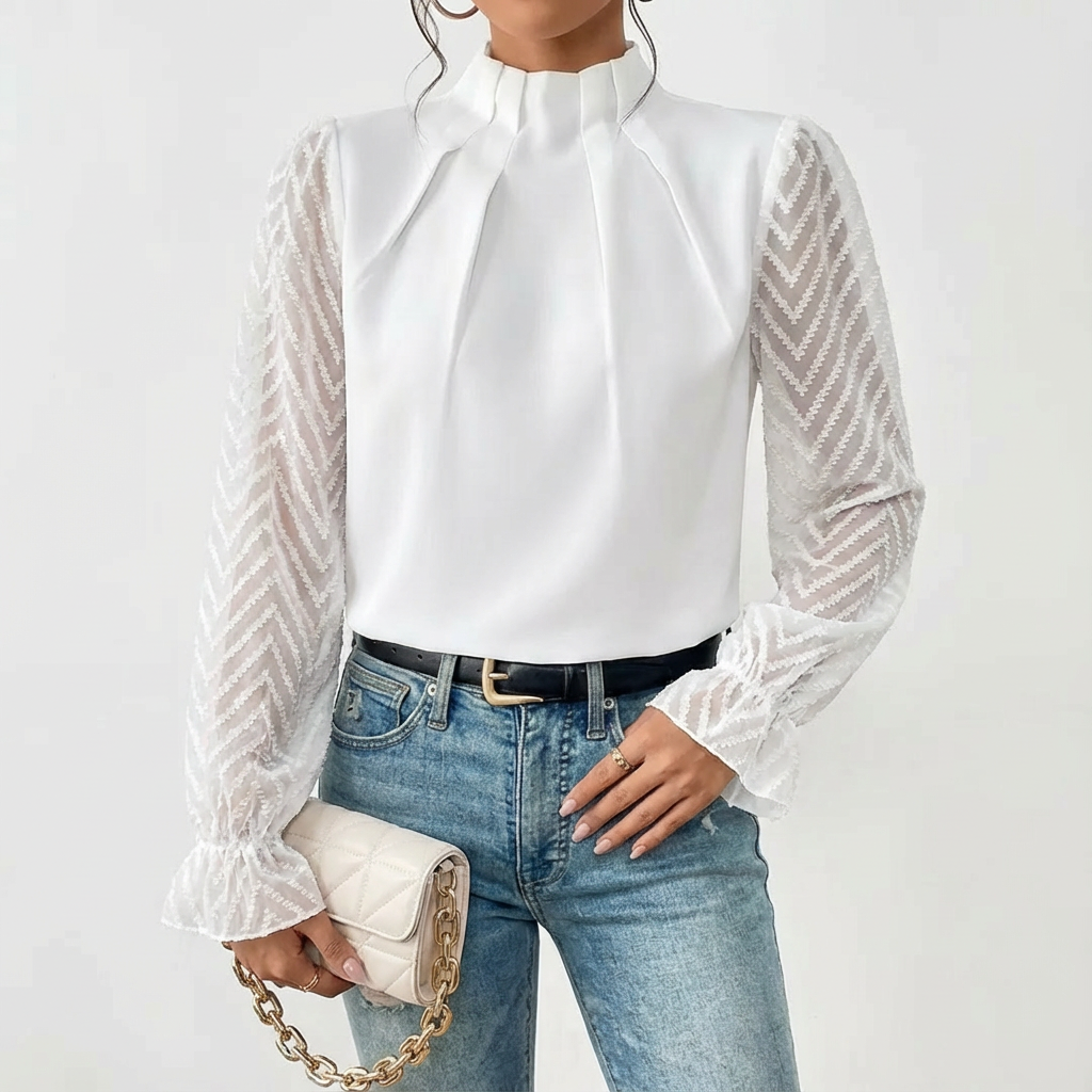 Blusa Mujer Cuello Alto Fruncido Mangas de Encaje Elegante