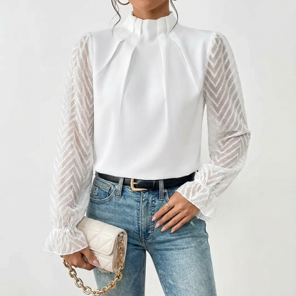Blusa Mujer Cuello Alto Fruncido Mangas de Encaje Elegante