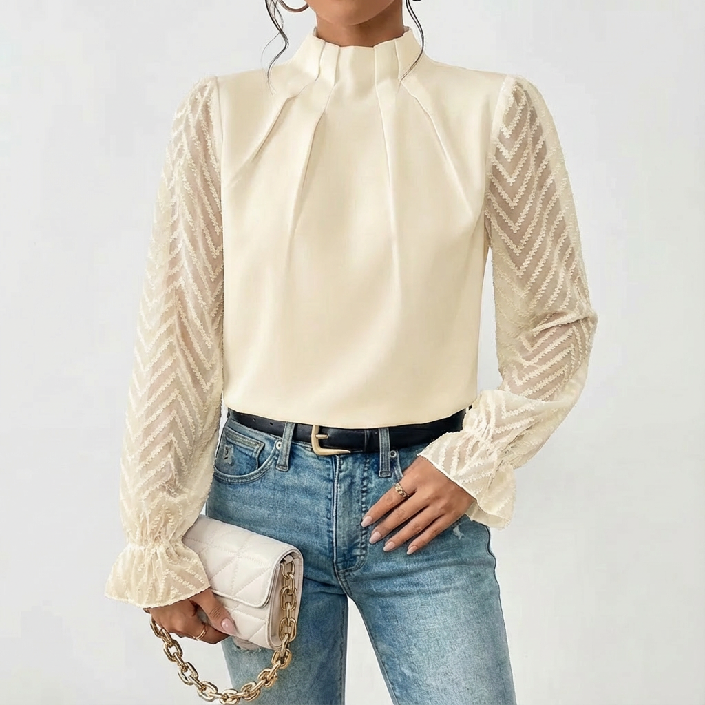 Blusa Mujer Cuello Alto Fruncido Mangas de Encaje Elegante