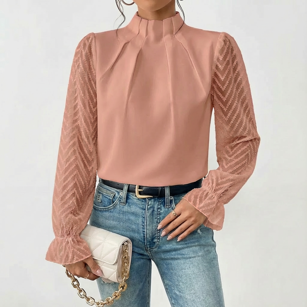 Blusa Mujer Cuello Alto Fruncido Mangas de Encaje Elegante