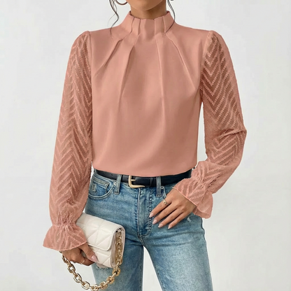 Blusa Mujer Cuello Alto Fruncido Mangas de Encaje Elegante