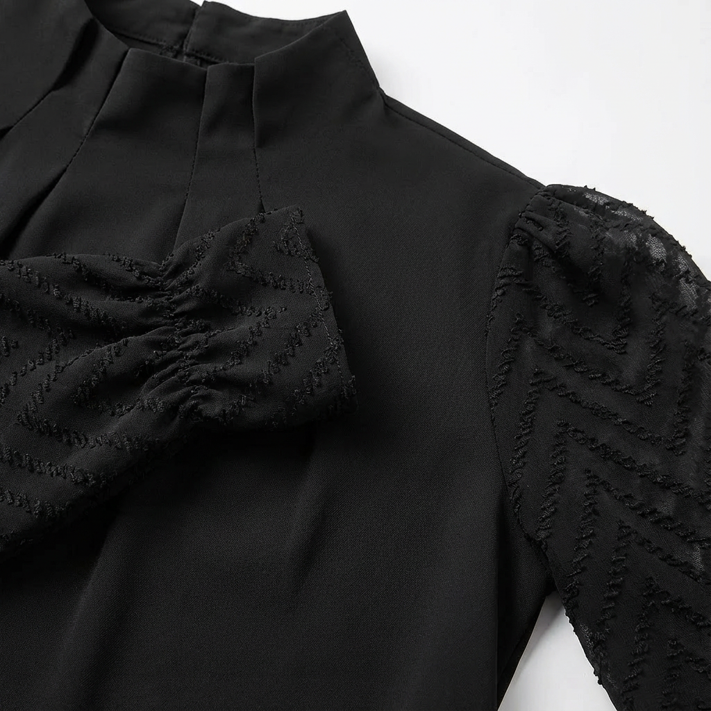 Blusa Mujer Cuello Alto Fruncido Mangas de Encaje Elegante