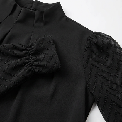 Blusa Mujer Cuello Alto Fruncido Mangas de Encaje Elegante