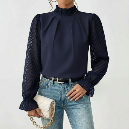 Blusa Mujer Cuello Alto Fruncido Mangas de Encaje Elegante