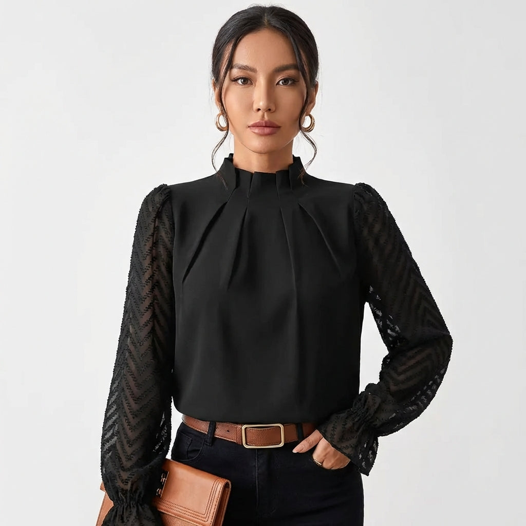 Blusa Mujer Cuello Alto Fruncido Mangas de Encaje Elegante - Mavetta