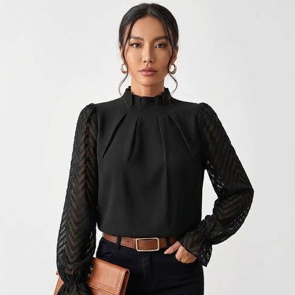 Blusa Mujer Cuello Alto Fruncido Mangas de Encaje Elegante - Mavetta