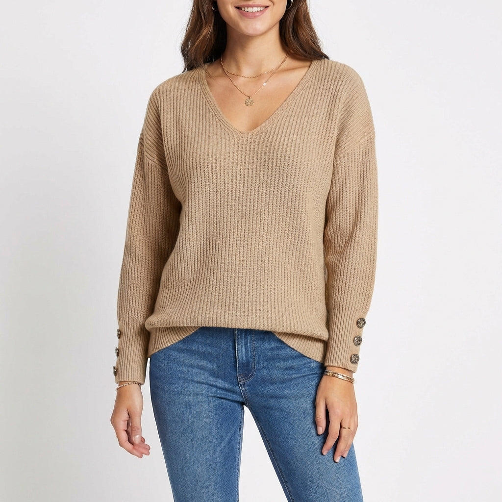 Jersey Mujer Cuello en V Botones Puño Ajustado