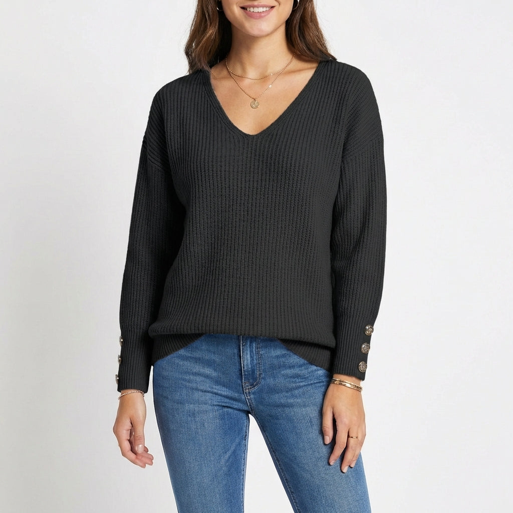 Jersey Mujer Cuello en V Botones Puño Ajustado