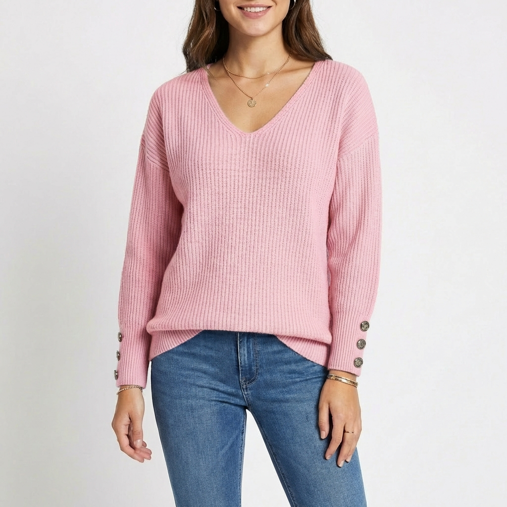 Jersey Mujer Cuello en V Botones Puño Ajustado