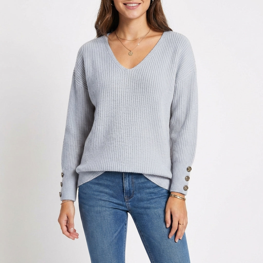 Jersey Mujer Cuello en V Botones Puño Ajustado