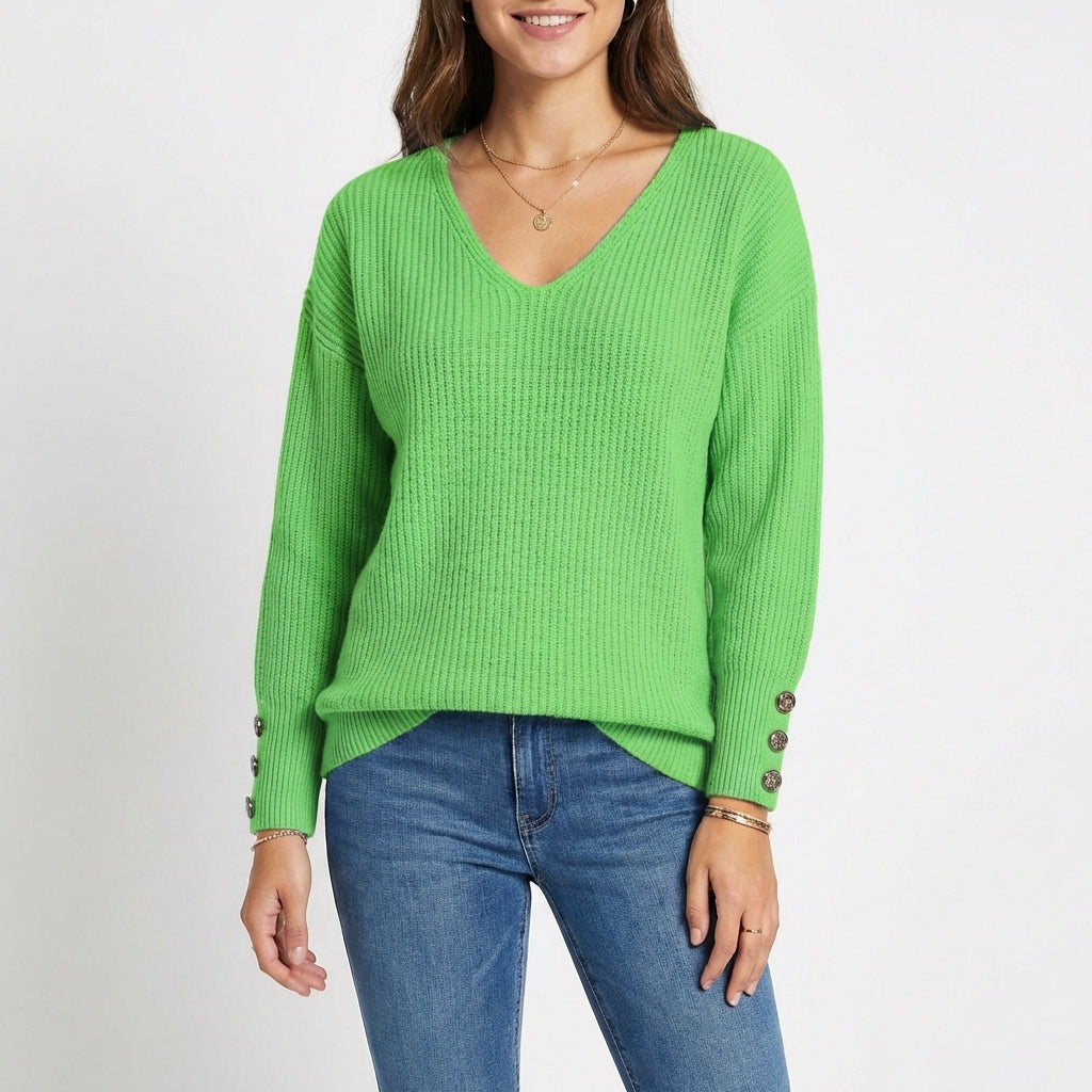 Jersey Mujer Cuello en V Botones Puño Ajustado