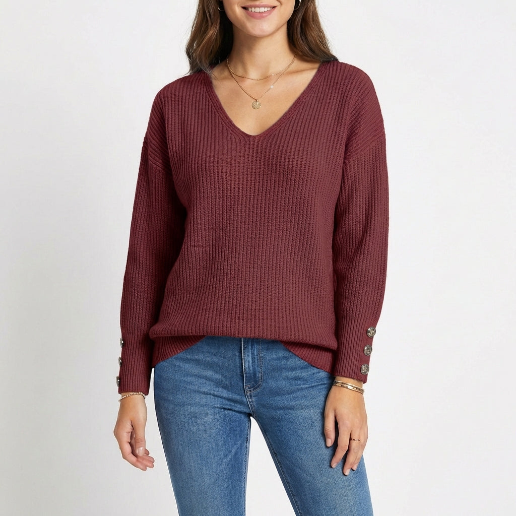 Jersey Mujer Cuello en V Botones Puño Ajustado