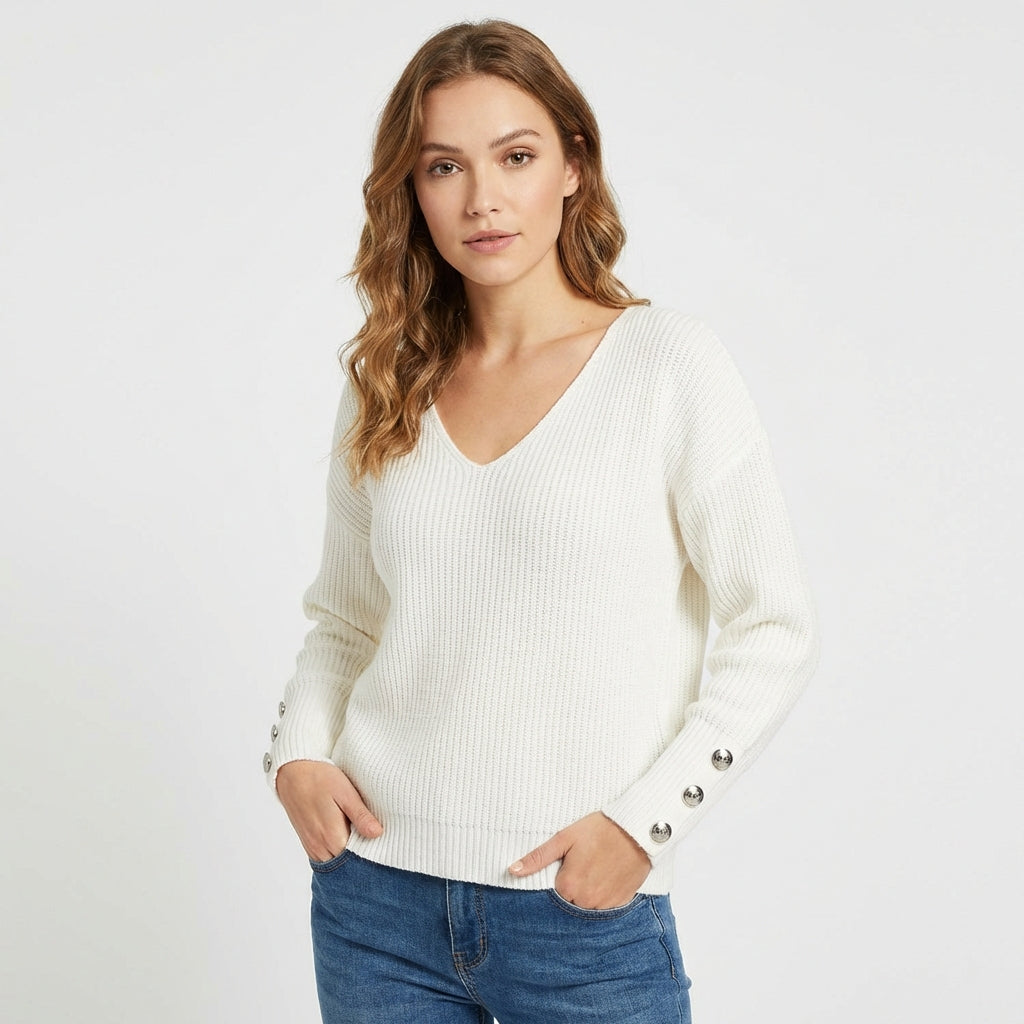 Jersey Mujer Cuello en V Botones Puño Ajustado - Mavetta