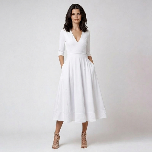 Vestido Midi Mujer Escote en V Profundo Manga Larga Elegante - Mavetta