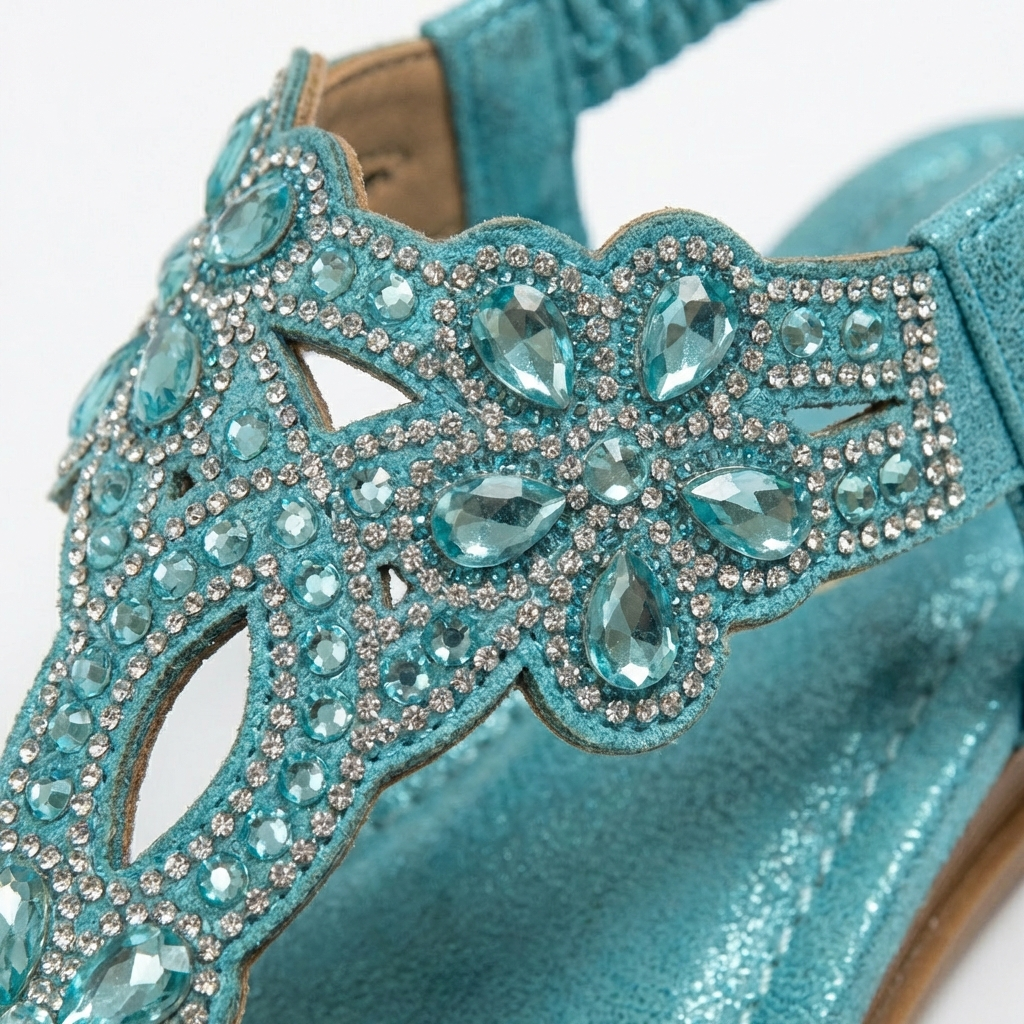 Sandalias Cuña Mujer con Pedrería y Tira Elástica Glamuroso