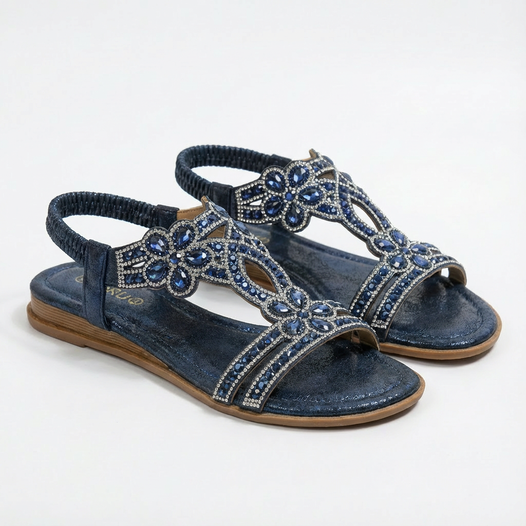 Sandalias Cuña Mujer con Pedrería y Tira Elástica Glamuroso