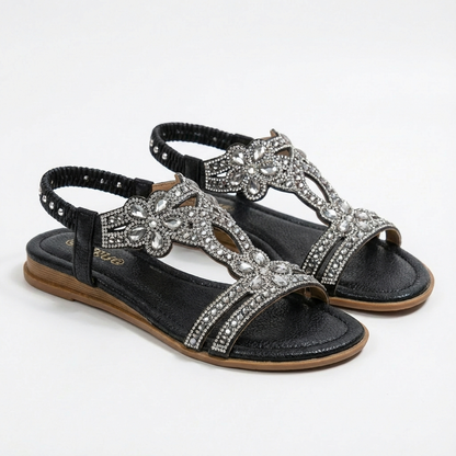 Sandalias Cuña Mujer con Pedrería y Tira Elástica Glamuroso