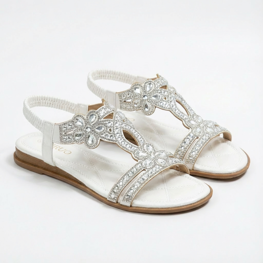 Sandalias Cuña Mujer con Pedrería y Tira Elástica Glamuroso