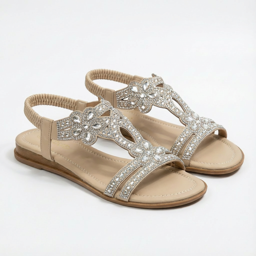 Sandalias Cuña Mujer con Pedrería y Tira Elástica Glamuroso