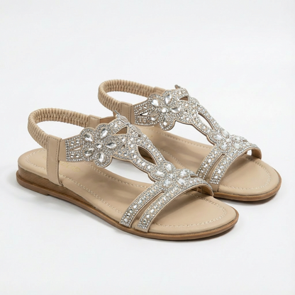 Sandalias Cuña Mujer con Pedrería y Tira Elástica Glamuroso