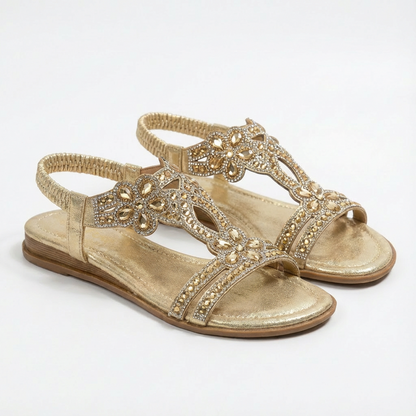 Sandalias Cuña Mujer con Pedrería y Tira Elástica Glamuroso