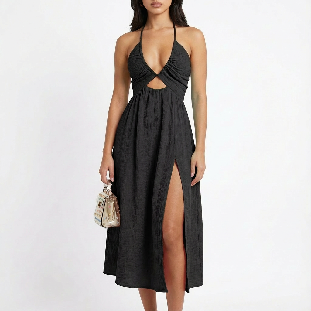 Vestido Midi Mujer Escote Halter Abertura Lateral Estilo Boho
