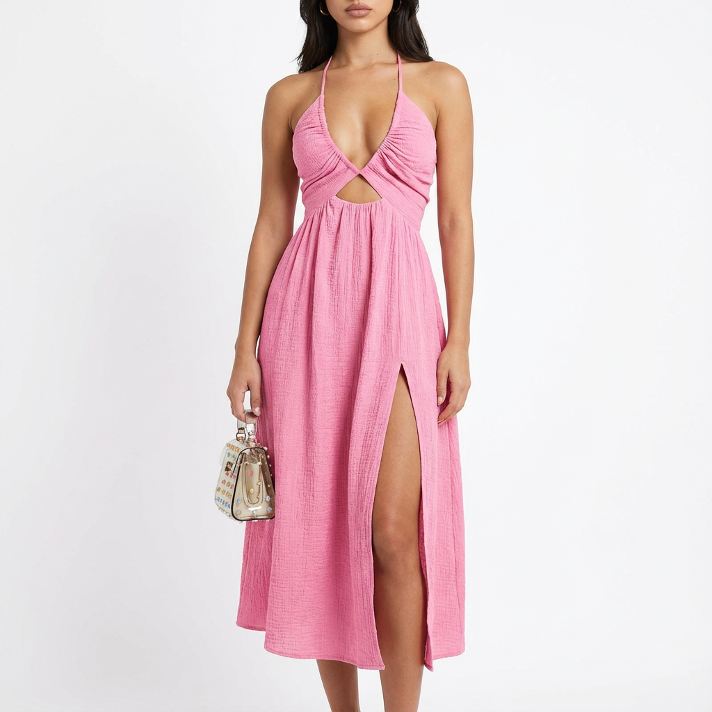 Vestido Midi Mujer Escote Halter Abertura Lateral Estilo Boho