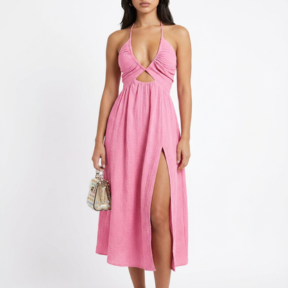 Vestido Midi Mujer Escote Halter Abertura Lateral Estilo Boho