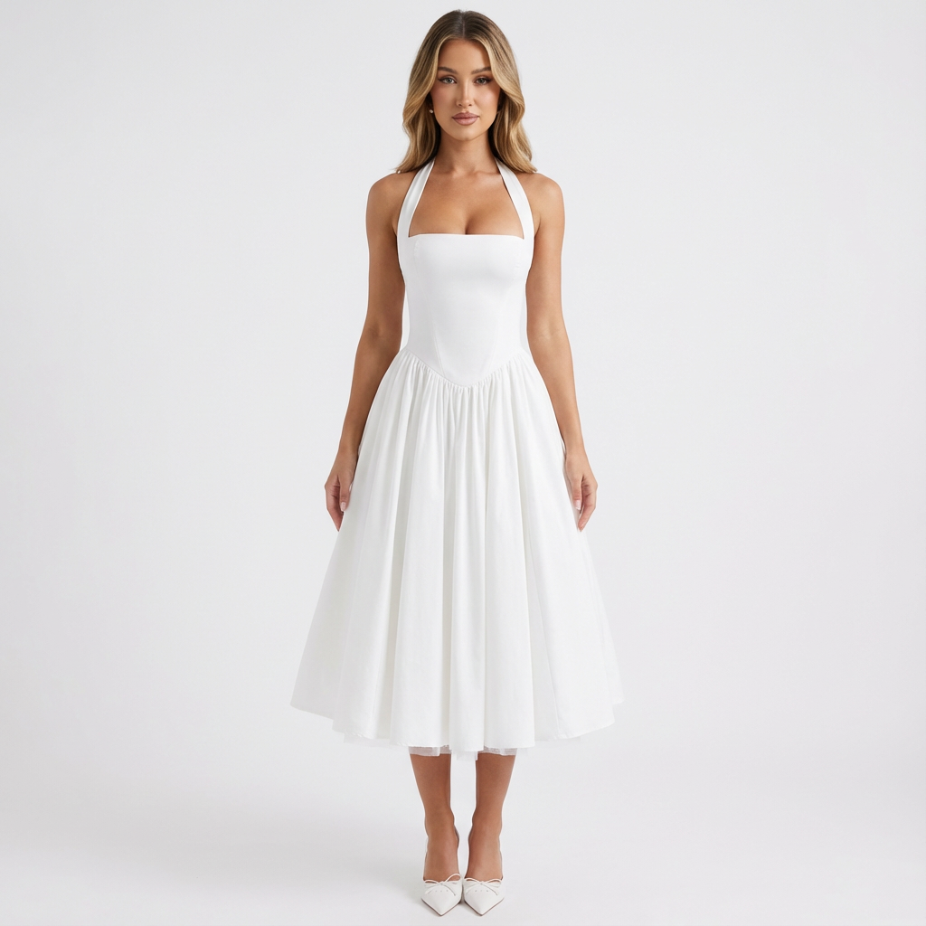 Vestido Midi Mujer Tul Escote Halter Romántico - Mavetta