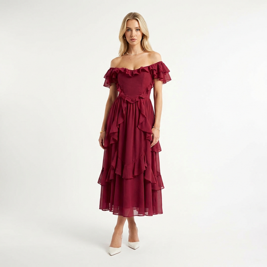 Vestido Midi Mujer Escote Bardot Volantes Cascada Romántico - Mavetta