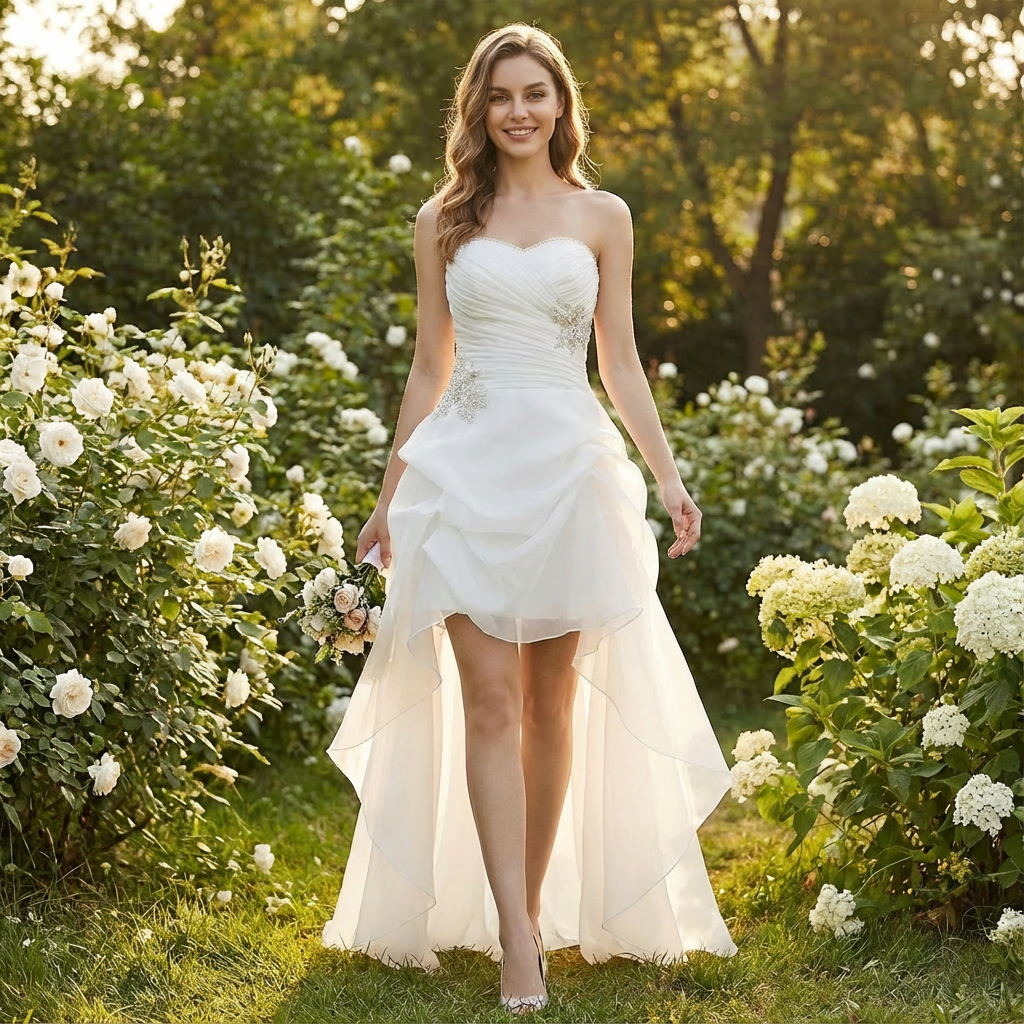 Vestido Novia Mujer Asimétrico Escote Corazón Apliques Cristal