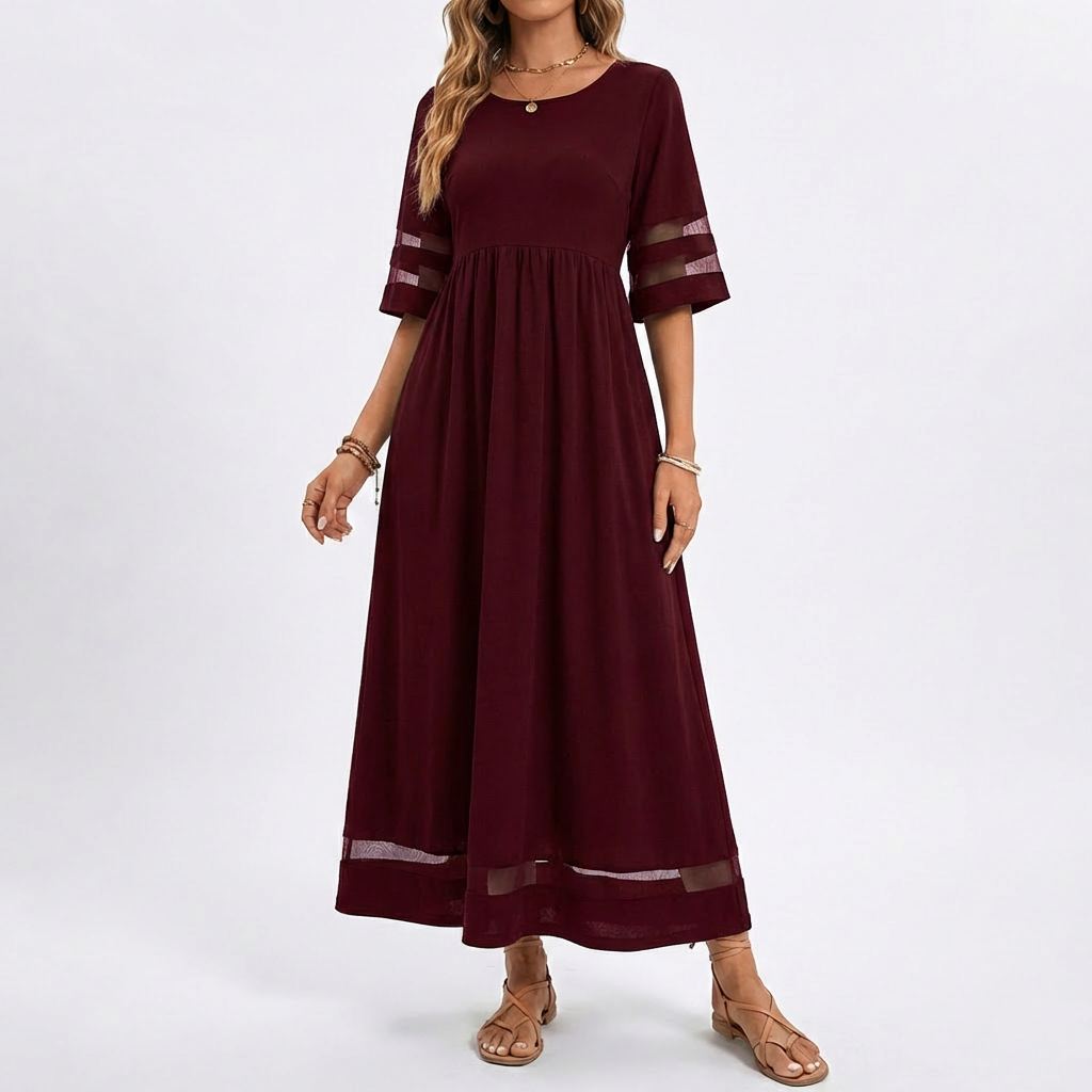 Vestido Largo Mujer con Detalle de Malla Ajuste Elegante