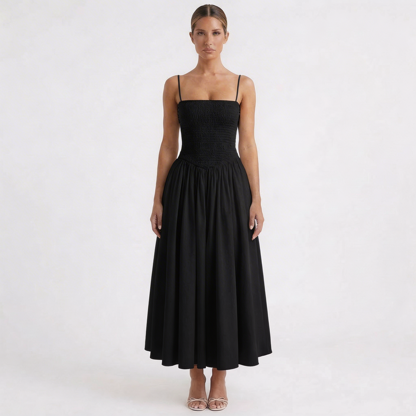 Vestido Midi Mujer Tirantes Cuerpo Fruncido Falda Vuelo