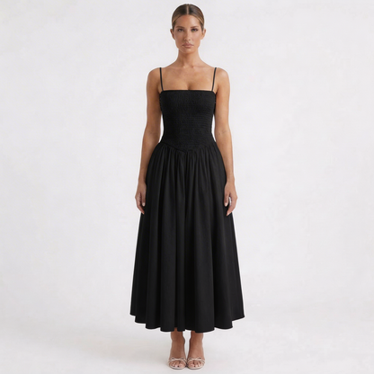 Vestido Midi Mujer Tirantes Cuerpo Fruncido Falda Vuelo