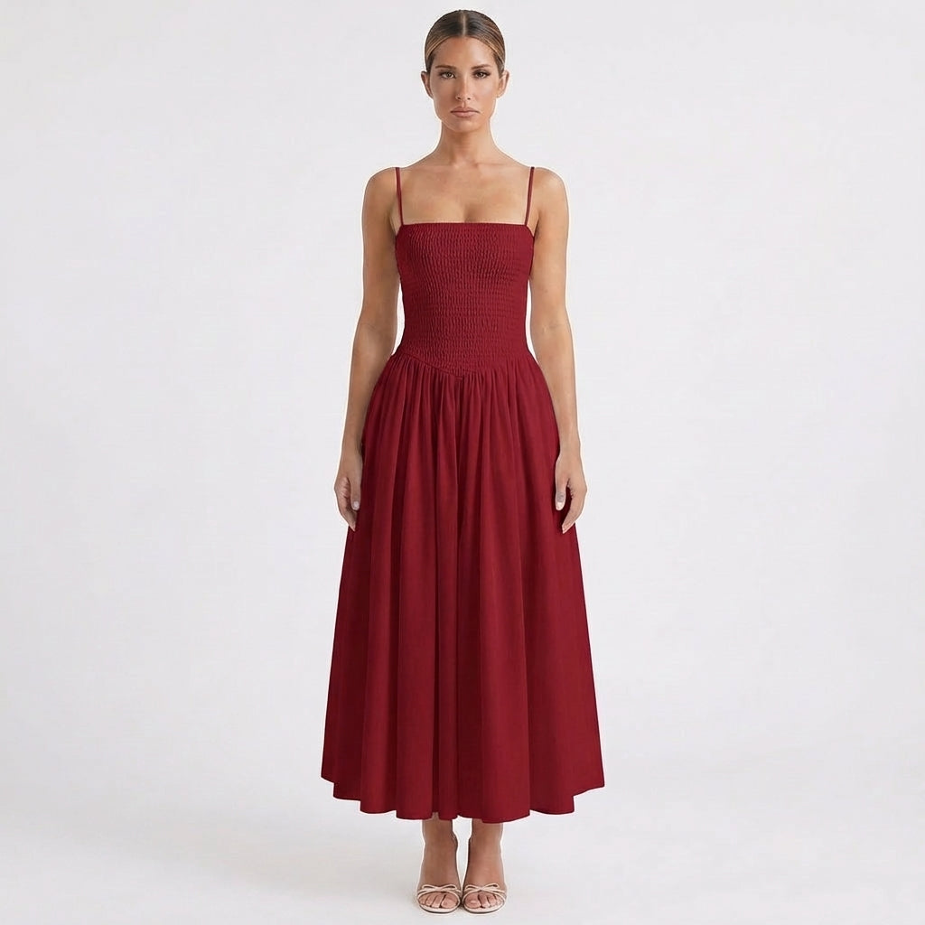 Vestido Midi Mujer Tirantes Cuerpo Fruncido Falda Vuelo