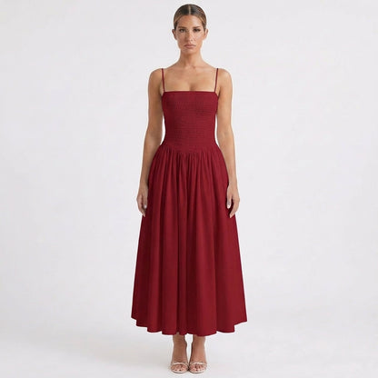 Vestido Midi Mujer Tirantes Cuerpo Fruncido Falda Vuelo