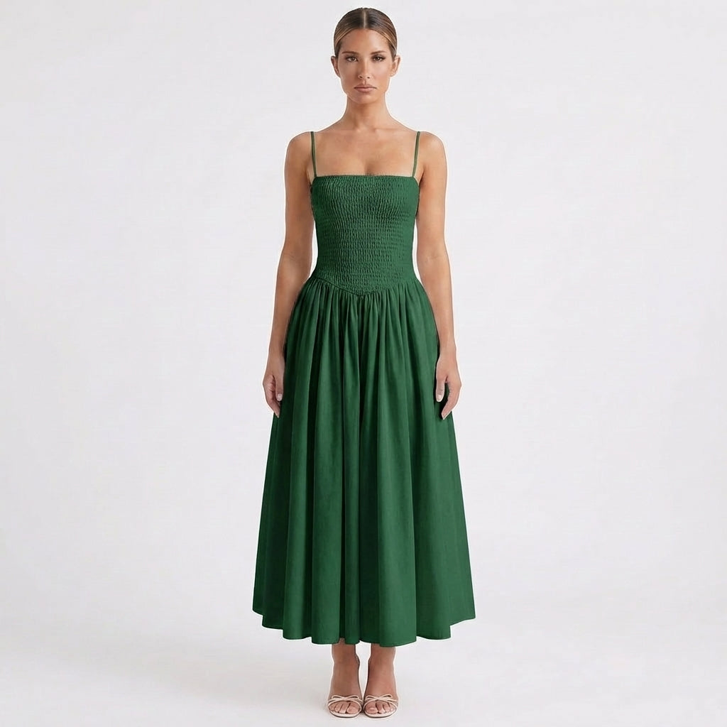 Vestido Midi Mujer Tirantes Cuerpo Fruncido Falda Vuelo